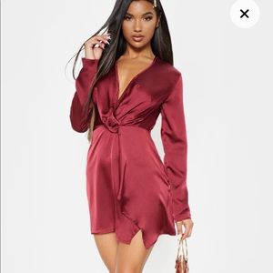 Burgundy Satin Long Sleeve Wrap Dress